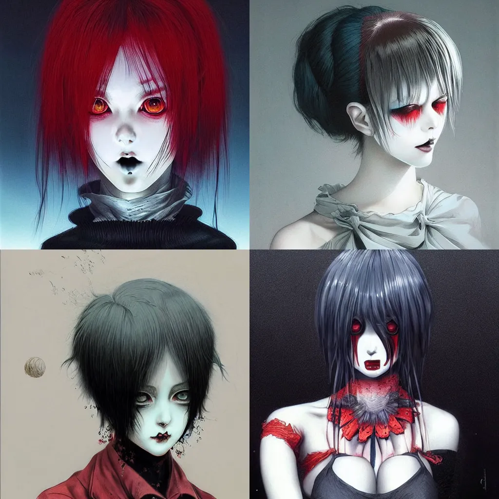 Prompt: beautiful! coherent! detailed! expert! professional manga seinen portrait art of a goth clowngirl, painted by ilya kuvshinov!!! and zdzislaw beksinski