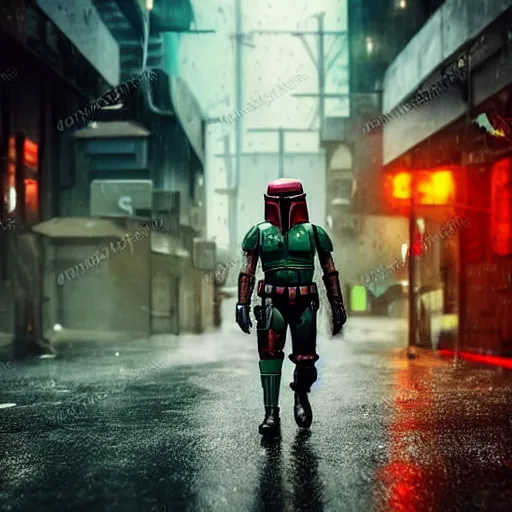 Prompt: cyberpunk style boba fett walking down a rainy alleyway in a futuristic city with a group of bounty hunters