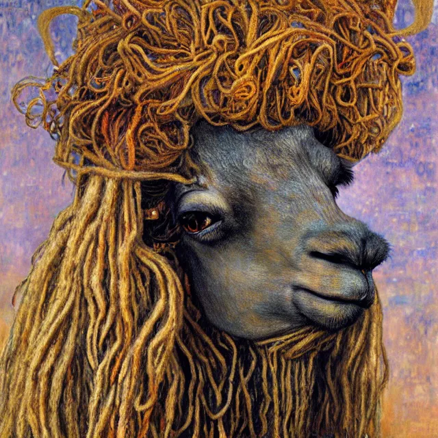 Image similar to llama with dreadlocks, by gustav klimt, by mandy jurgens, ernst haeckel, james jean