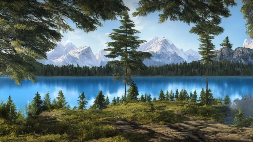 Image similar to a lake surrounded by tall pine trees with a mountain in the background, a detailed matte painting by senior environment artist, shutterstock contest winner, photorealism, rendered in unreal engine, matte painting, anamorphic lens flare