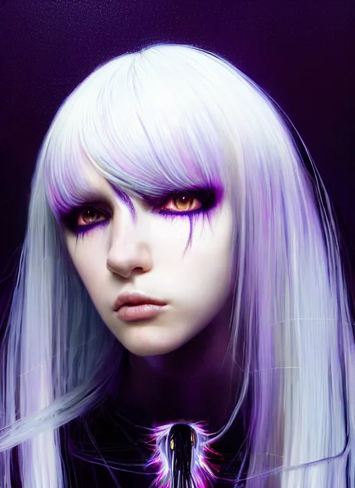 Image similar to hair whitebangs hair, black cyberlox, portrait of normal teenage girl with white bangs, messy bangs, cyberlox, whitebangs, red irises, purple clothes, intricate, elegant, glowing lights, highly detailed, digital painting, artstation, concept art, sharp focus, smooth, illustration, art by wlop, mars ravelo and greg rutkowski