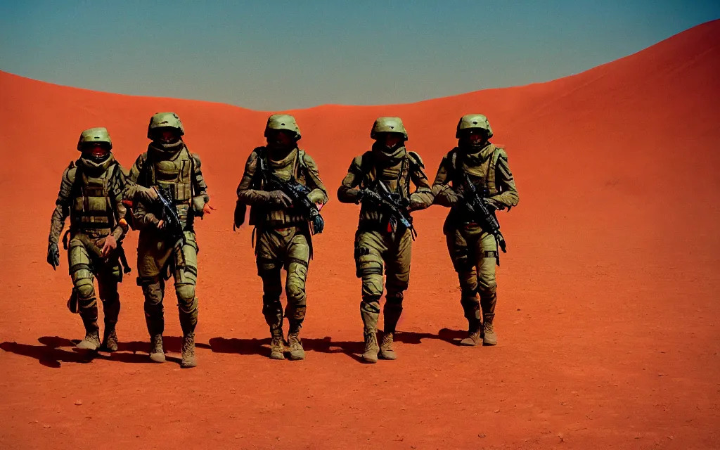 Prompt: in a dusty red desert, a team of five swat future soldiers in dark green tactical gear like death stranding and halo hike. They 're afraid. mid day, heat shimmering, color, 35mm film photography, lawrence of arabia