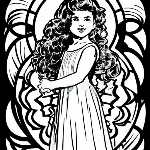 Image similar to clean simple line art of a little girl with wavy curly hair in an elegant dress. white background. well composed, clean black and white line drawing, beautiful detailed face. illustration by steve ditko and jack kirby and alphonse mucha