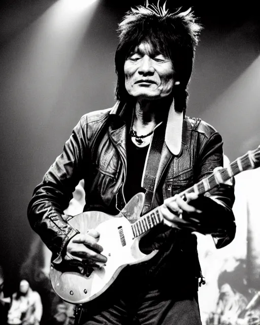 Prompt: sixty years old viktor tsoi with guitar in his hands, leather jacket, photo, microphone, rock concert, black and white, iso 6 0 0, 3 5 mm, codac gold