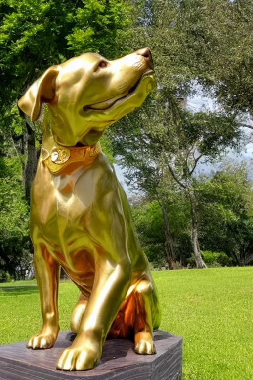 Prompt: a huge golden statue of a dog smiling, photography