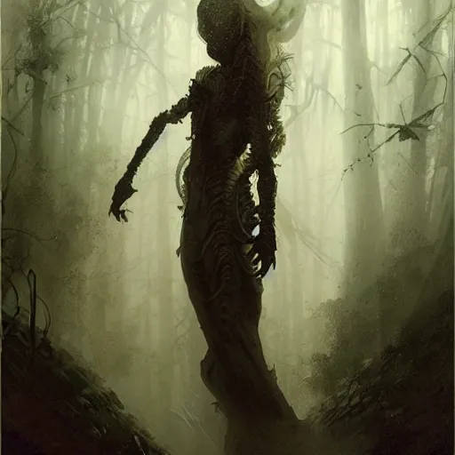 Image similar to epic hyperdetailed portrait of a haunting 🐙🕷 lurking in the shadows. by greg rutkowski, highly detailed portrait, rococo, digital painting, artstation, concept art, smooth, sharp foccus ilustration, artstation hq. intricate, elegant. art by wlop and artgerm and greg rutkowski and alphonse mucha, masterpiece. misty rainforest