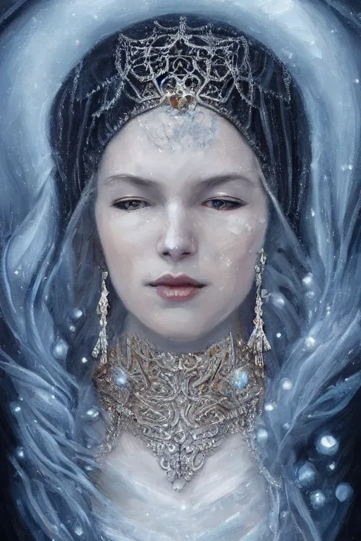 Image similar to portrait of a beautiful stunning peaceful majestic ice queen wearing intricate jewelry, oil on canvas, baroque style, perfect symmetrical face, mood lighting, ornate and elegant, winter, philosophical, painterly, 🌚, digital art, detailed, trending on artstation