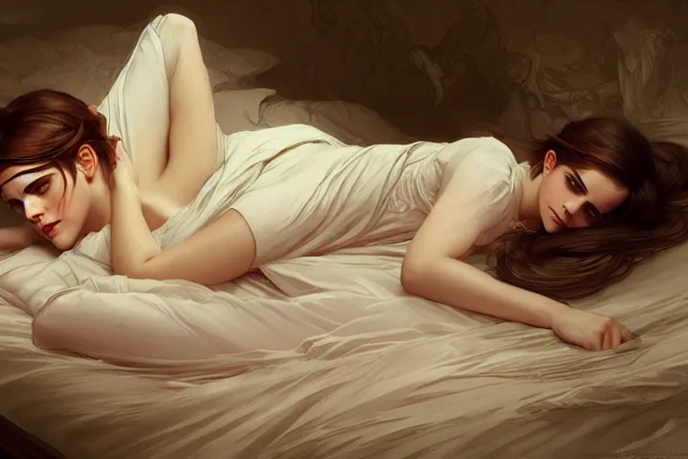 Image similar to Emma Watson lying on the bed in sleepwear, night time, fantasy, intricate, elegant, highly detailed, digital painting, artstation, concept art, matte, sharp focus, illustration, hearthstone, art by Artgerm and Greg Rutkowski and Alphonse Mucha