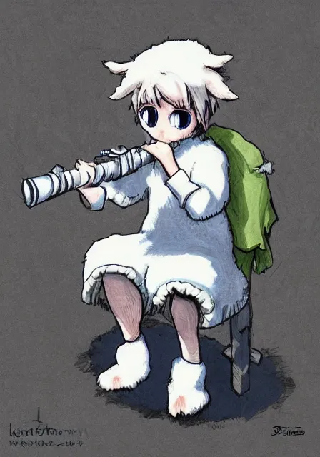 Image similar to little boy wearing sheep suit playing an flute sitting on bed. white, gray, blue, green and brown pallet color. made in abyss art style, inspired in kris from deltarrune, cute detailed artwork, anatomically correct