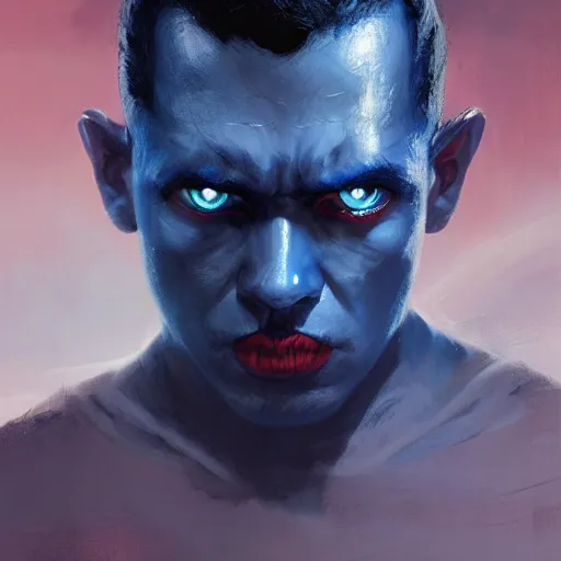 Image similar to A portrait of blue-skinned man, red eyes, black hair with widows peak, angry, dramatic lighting, star wars art, art by greg rutkowski, matte painting, trending on artstation