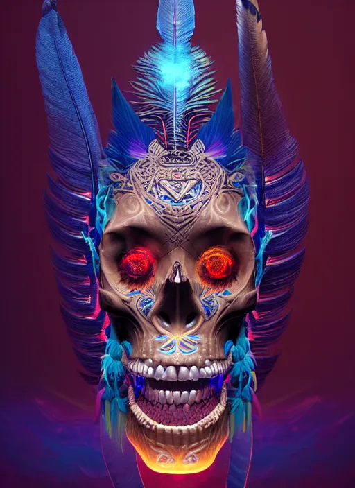 Image similar to 3 d shaman with tattoos profile portrait, sigma 5 0 0 mm f / 5. beautiful intricate highly detailed quetzalcoatl skull and feathers. bioluminescent, plasma, lava, ice, water, wind, creature, thunderstorm! artwork by tooth wu and wlop and beeple and greg rutkowski, 8 k trending on artstation,