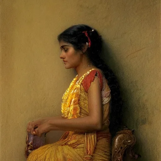 Prompt: detailed potrait of hindu traditional womansitting alone in dark room, girl graceful,, painting by gaston bussiere, craig mullins, j. c. leyendecker, lights, art by ernst haeckel, john william godward, hammershøi,,