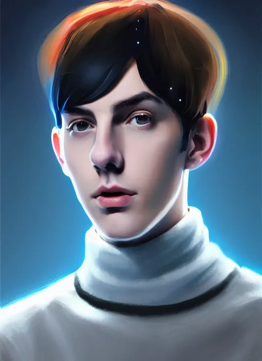 Image similar to portrait of teenage jughead jones wearing a light grey crown, crown, blue turtleneck, closed eyes, photorealistic, black hair, glowing lighting, intricate, elegant, glowing lights, highly detailed, digital painting, artstation, concept art, smooth, sharp focus, illustration, art by wlop, mars ravelo and greg rutkowski