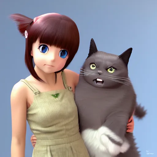 Prompt: Manga cover portrait of an extremely cute and adorable beautiful girl holding an extremely grumpy cat, 3d render diorama by Hayao Miyazaki, official Studio Ghibli still, color graflex macro photograph, Pixiv, DAZ Studio 3D