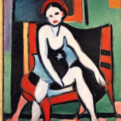 Prompt: an oil painting by matisse of marvel black widow sitting on a chair,