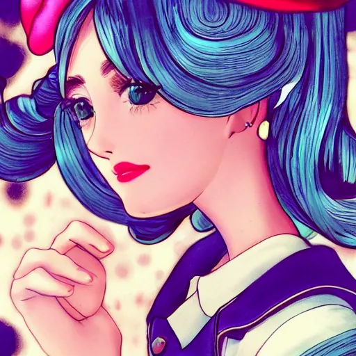 Prompt: beautiful little girl, profile picture, vintage fashion, highly detailed, reflection, 8 k, realistic artwork, hd, inspired by jojo bizarre adventure, 9 0 s anime art style, elegant, makeup
