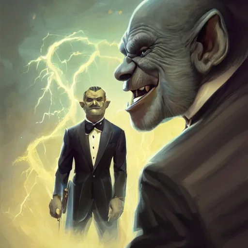 Image similar to portrait of a half ogre half man in a tuxedo, cinematic lightning, d & d, fantasy, highly detailed, digital painting, sharp focus, illustration, art by artgerm and greg rutkowski and magali villeneuve