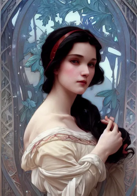 Image similar to snow white, intricate, elegant, highly detailed, digital painting, artstation, concept art, smooth, sharp focus, illustration, art by artgerm and greg rutkowski and alphonse mucha and william - adolphe bouguereau