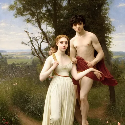 Prompt: Bradley James and Colin Morgan both are male. From the television show Merlin (2008). In a beautiful meadow in love, happy; high-detailed oil painting by William-Adolphe Bouguereau, trending on Artsatio, masterpiece, 4k