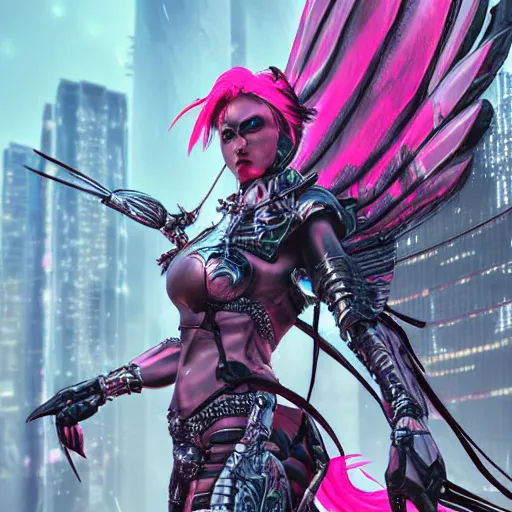 Prompt: cyberpunk valkyrie woman with wings made of metal and pink and silver armor, flowing hair, cityscape, protesting signs, fighting, artstation, realistic, high detail digital painting, sharp focus, style of Julia Razumova,