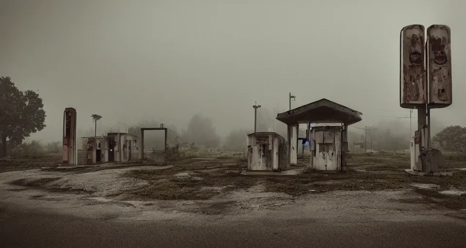 Prompt: Old abandoned gas stations on the side of the road to nowhere, evil, demonic, enchanting, misty, haze, cloudy, angelic, flowers, nature, environment concept, cinematic, cgsociety, dim and dark lighting, cinematic, intricate details, 8k detail post processing, hyperealistic, photo realism, by Stephen King