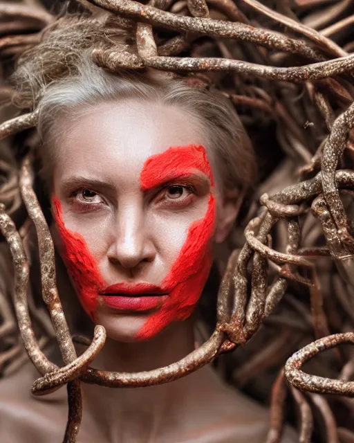 Prompt: Portrait of a woman, close-up, clay on the face , red pepper on the skin, high sharpness, zeiss lens, fashion photo shoot, dry branches, gray hair, Coral lipstick, in front of snakes, in the fog, Edward Buba, Annie Leibovitz, Paolo Roversi, David Lazar, Jimmy Nelsson, Eiko Hosoe, artistic, hyperrealistic, beautiful face, octane rendering