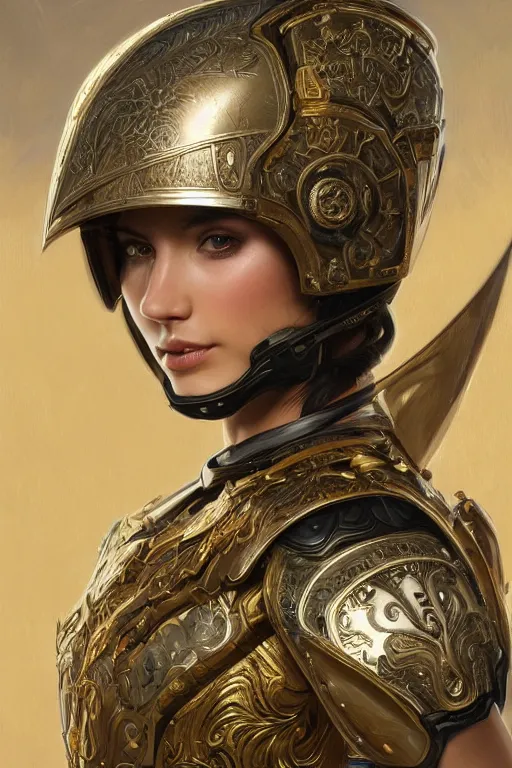 Prompt: a portrait of an attractive young female, ornate metallic helmet, clothed in battle armor, olive skin, long dark hair, beautiful bone structure, symmetrical facial features, intricate, elegant, highly detailed, digital painting, trending on Artstation, concept art, smooth, sharp focus, illustration, art by artgerm and greg rutkowski and alphonse mucha