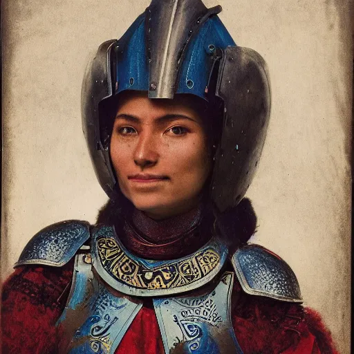 Prompt: head and shoulders portrait of a female knight, quechua, lorica segmentata, cuirass, tonalist, symbolist, realistic, ambrotype, raven, baroque,, indigo and venetian red, detailed, modeled lighting, vignetting, angular, smiling