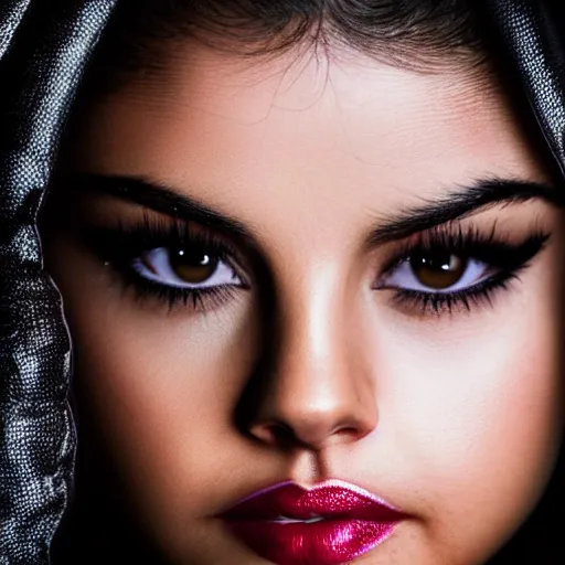 Image similar to A portrait of Selena Gomez as Catwoman, extreme close-up, dramatic lighting