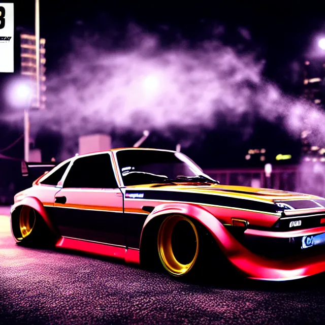 Image similar to a car S30 twin turbo drift at illegal car meet, Saitama prefecture, city midnight mist lights, cinematic lighting, photorealistic, highly detailed wheels, high detail
