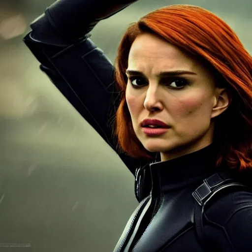 Image similar to Natalie Portman as Natasha Romanoff (The Black Widow), dramatic cinematic portrait, rain