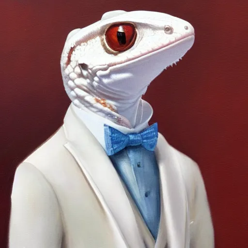 Prompt: (((((man))))) anthropomorphic gecko wearing a white tuxedo, oil on canvas, full shot, trending on artstation