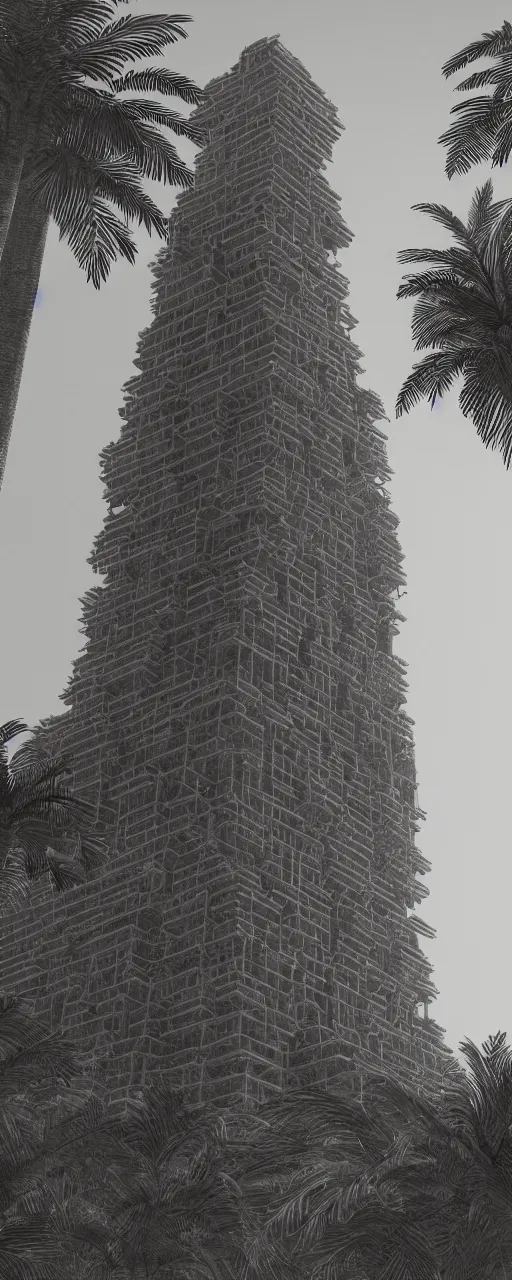 Image similar to pencil sketch of one building, golden facade babylon tower, sacred ancient architecture, hanging gardens, cascading highrise, arid mountains with lush palm forest, sunlight, post - production, octane, cgi, sfx, beautiful dynamic lighting, cinematic, extremely high detail, photo realistic, cinematic lighting, 8 k