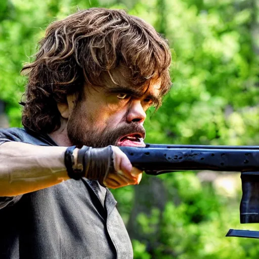 Prompt: Peter Dinklage as Rambo, screaming and shooting a rocket launcher, photo, detailed, 4k