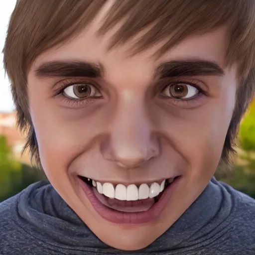 Image similar to hyperrealistic dslr film still of justin beiber with 2 giant front teeth, stunning 8 k octane comprehensive 3 d render, inspired by istvan sandorfi & greg rutkowski & unreal engine, perfect symmetry, exaggeratedly large teeth, dim volumetric cinematic lighting, extremely hyper - detailed, incredibly real lifelike attributes & flesh texture, intricate, masterpiece, artstation