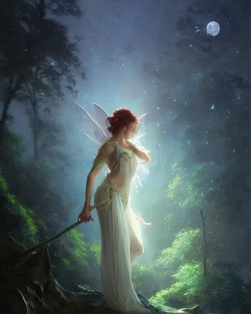 Prompt: a portrait of beautiful fairy goddness fly high in the night, d & d, fantasy, mist, full moon in background, trees, hyper detailed,, midium shot, an oil painting by ruan jia, trending on artstation, concept art, sharp focus, illustration, gaston bussiere, craig mullins, j. c. leyendecker, beautiful lighting