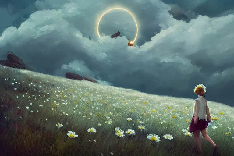 Prompt: large white daisy flowers crown over head, girl walking on cliff, surreal photography, solar eclipse, stars, dramatic light, impressionist painting, clouds, digital painting, artstation, james gilleard, liam wong, jeremy mann, simon stalenhag