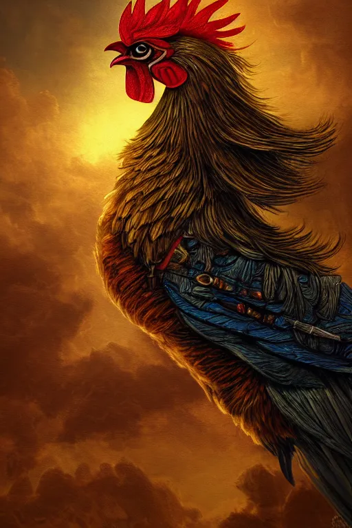 Image similar to a beautiful tarot card artwork of a rooster in armour, horror, backlit, gloomy sky, highly detailed, digital painting, intricate golden threads, by kevin siembieda, vivid colors, detailed shading, 8 k resolution, intricate, smooth