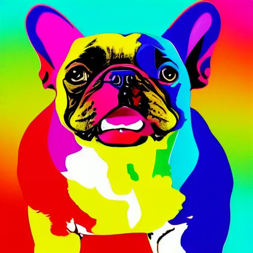 Prompt: rainbow excited smiling french bulldog. pop art.