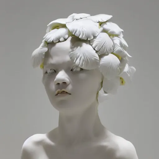 Prompt: full head and shoulders, beautiful female porcelain sculpture by daniel arsham and james jean, smooth skin. all white features on a clear white background, delicate facial features, white eyes, white lashes, detailed white, lots of 3 d giant lillies on head, gold leaf
