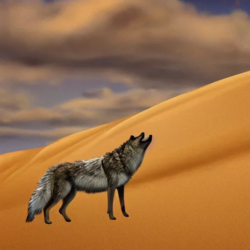 Prompt: Majestic wolf in a sand dune on the heath. Rough brushstrokes. Beautiful scene. Interesting natural colour scheme. Digital art by Lurid (2022)