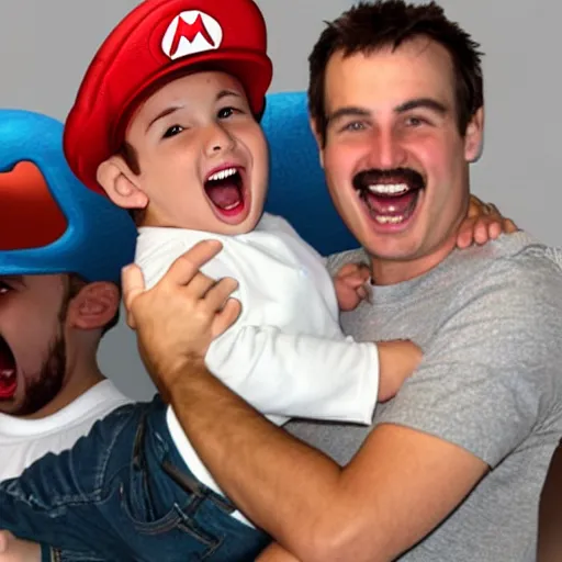 Image similar to a large super mario smiling while holding a screaming crying kid in his arms