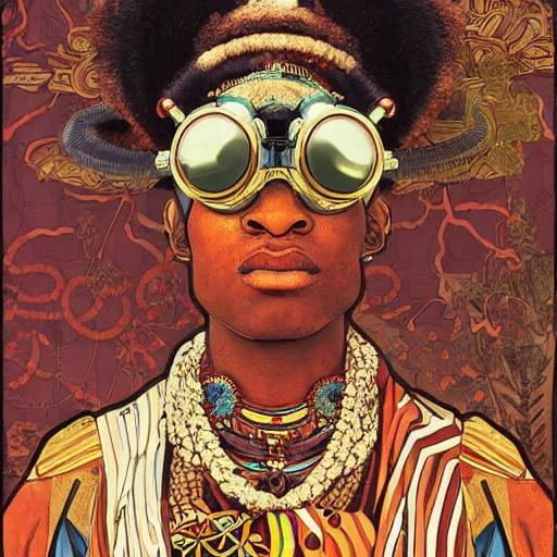 Image similar to colourful vfx upper half - portrait - art of a african tribal chief wearing steam punk goggles, art by utagawa kunisada, james jean & alphonse mucha, symmetrical, intricate detail, concept art, volumetric light, ray tracing, caricature, digital illustration, digital painting, octane 3 d render, unreal engine, sharp, pinterest, behance, art station,