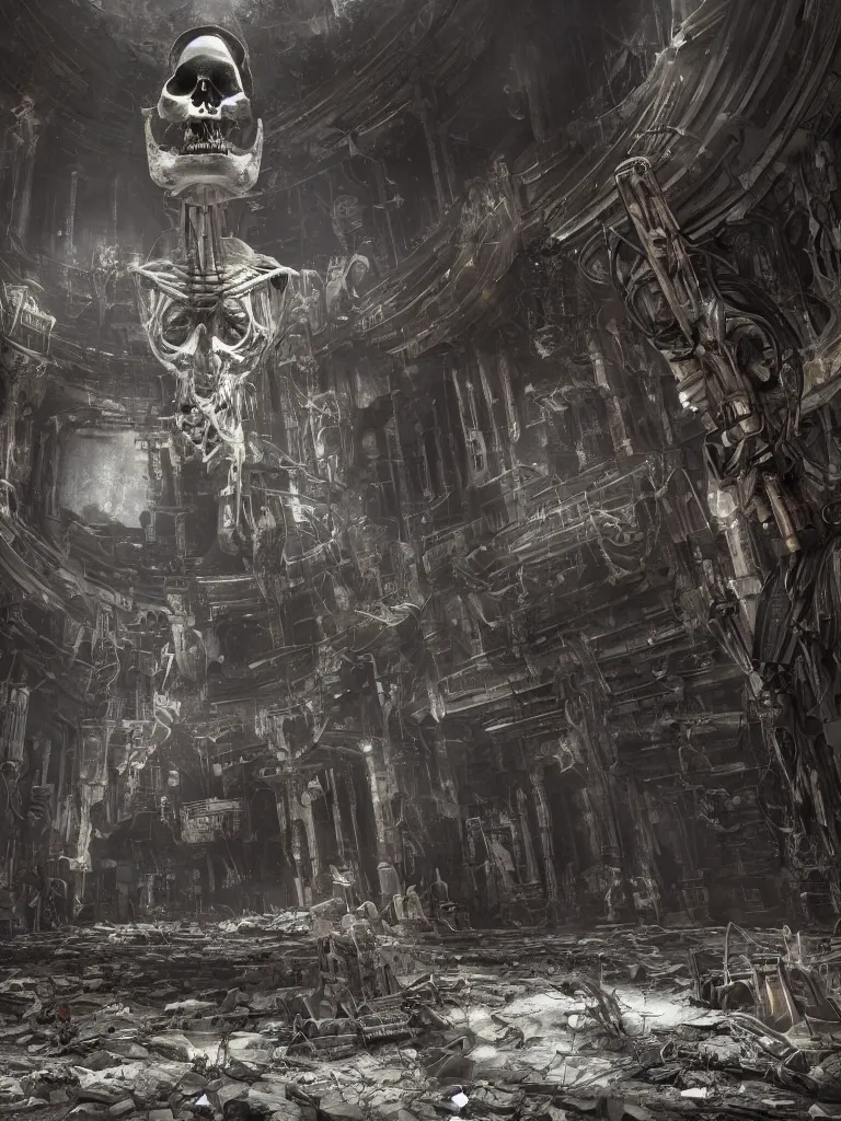 Prompt: portrait of a cyborg skeleton, standing in a hall of abandoned ancient megacomplex; hyperrealistic, 4K wallpaper, cinematic lighting, highly detailed and beautiful