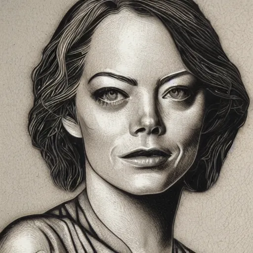 Prompt: detailed etching of emma stone, etching on metal, by mauritius escher