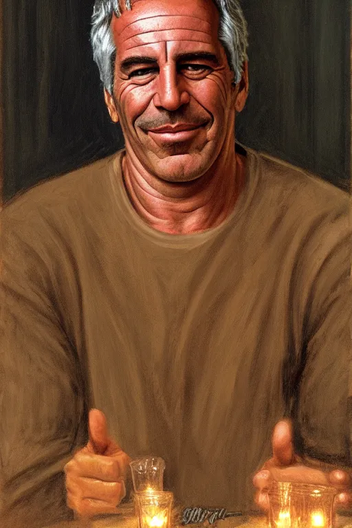 Prompt: smiling Jeffrey Epstein, in jail behind bars, golden hour, artstation, by J. C. Leyendecker and Peter Paul Rubens,