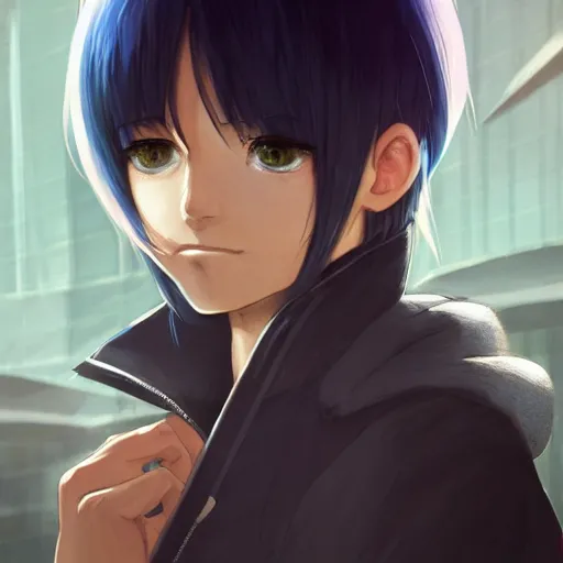 Image similar to profile shot of rimuru tempest averting his gaze, sky blue hair, straight hair, pretty, long bangs, amber eyes, all black jacket with white stripes, high collar | highly detailed, unreal engine 5, color block, digital painting, concept art, cinematic, wlop | artgerm, pixiv, greg rutkowski, ilya kuvshinov