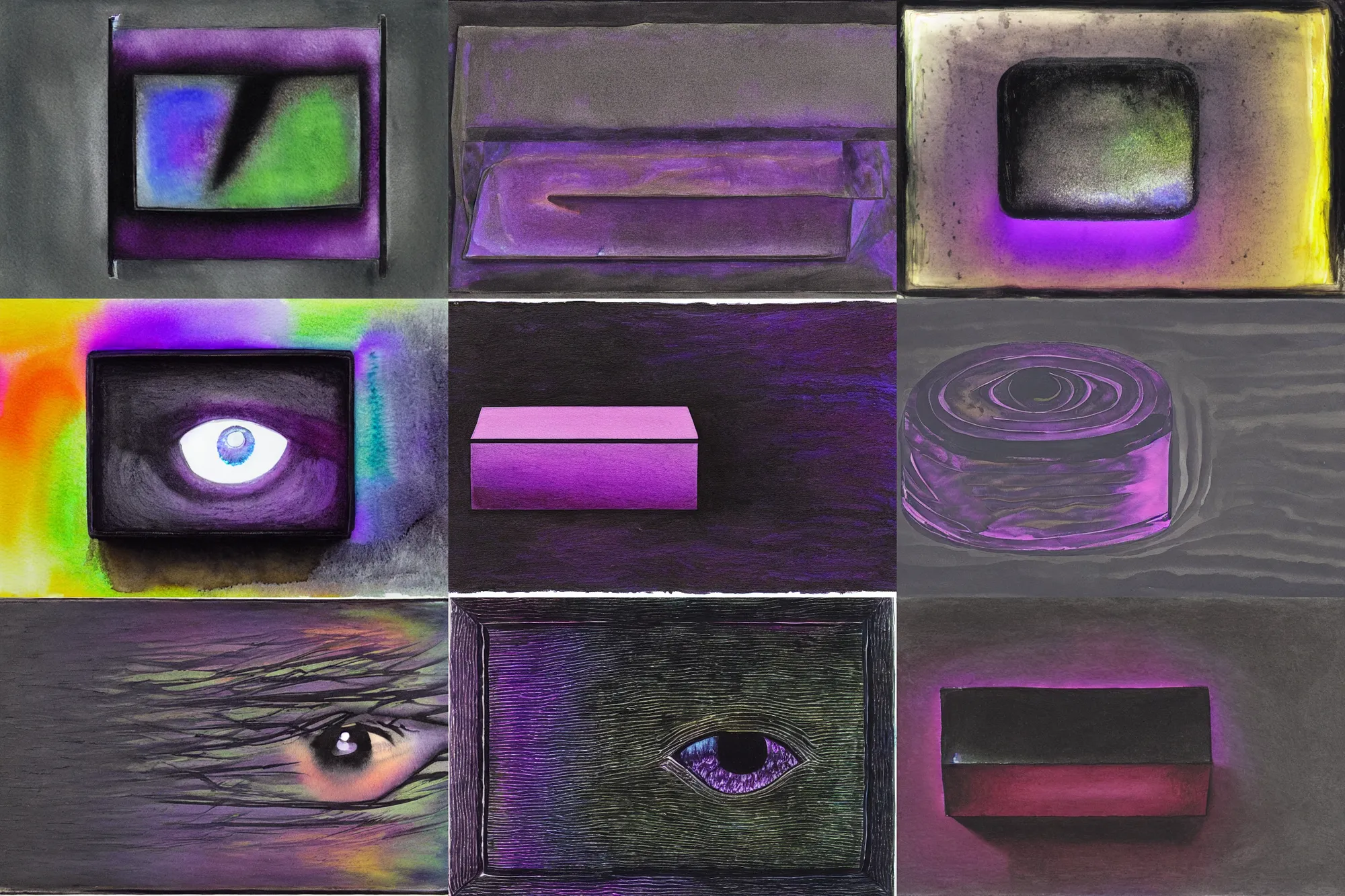 Prompt: a watercolour pen light of a black iridescent box with an eye, vivid, painterly, ethereal, chiaroscuro, thick brushstrokes, ominous by alberto burri, tachisme, purple, black, iridescence colors, iridescent neon, gradient iridescence colors