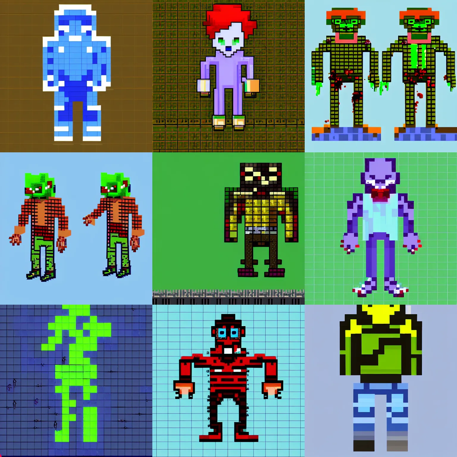 Prompt: a zombie, blueprint, pixel art, isometric full body sprite, very detailed, hi res, white background