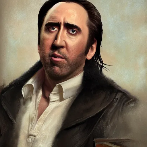 Image similar to Portrait of a Nic Cage in GTA V , art by Albert Bierstadt and James Gurney, highly detailed, digital painting, matte painting, concept art, illustration, oppressive lighting, trending on artstation, very detailed